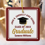 Maroon Gold Graduate 2026 Personalized Christmas Ceramic Ornament<br><div class="desc">This modern maroon and gold custom graduate Christmas ornament feature classy typography of your university or college name for the class of 2026. Customize with your graduating year next to the chic handwritten script and black grad cap for a great personalized congratulations graduation gift.</div>