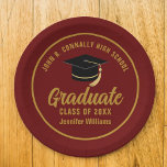 Maroon Gold Graduate Custom 2024 Graduation Party Paper Plate<br><div class="desc">This modern maroon and gold custom graduation party paper plate features classy typography of your high school or college name for the class of 2024. Customise with your graduating year under the chic handwritten script and black grad cap for great personalised graduate decor.</div>