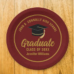 Maroon Gold Graduate Custom 2025 Graduation Party Paper Plate<br><div class="desc">This modern maroon and gold custom graduation party paper plate features classy typography of your high school or college name for the class of 2025. Customise with your graduating year under the chic handwritten script and black grad cap for great personalised graduate decor.</div>