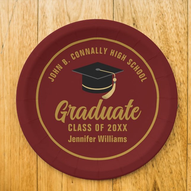 Maroon Gold Graduate Custom 2025 Graduation Party Paper Plate (Creator Uploaded)