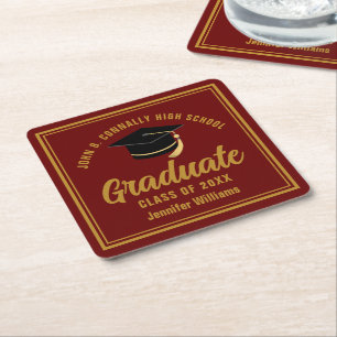 Maroon Gold Graduate Custom 2025 Graduation Party Square Paper Coaster