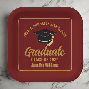Maroon Gold Graduate Graduation Party Square Paper Plate