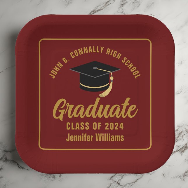 Maroon Gold Graduate Graduation Party Square Paper Plate (Creator Uploaded)