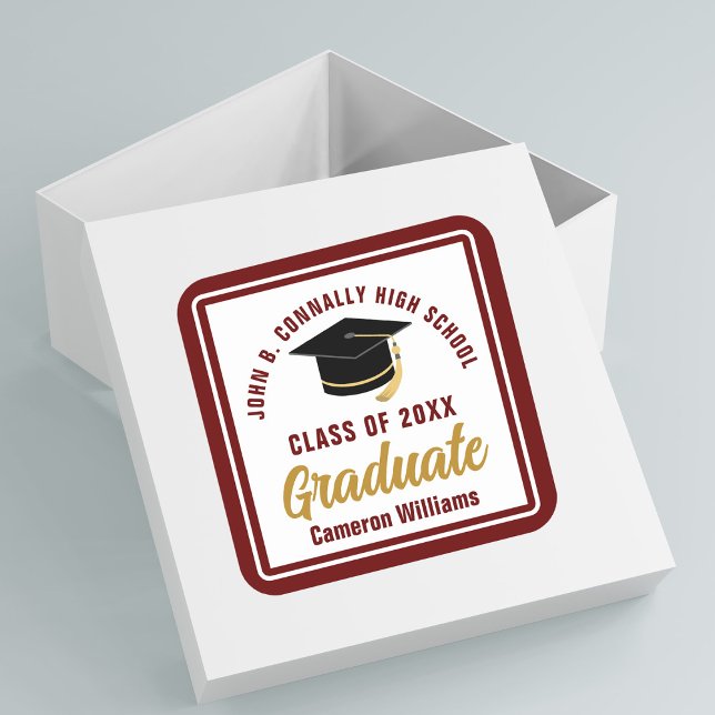 Maroon Gold Graduate Personalised Graduation Party Square Sticker (Creator Uploaded)