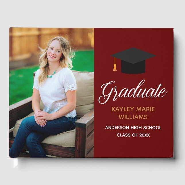 Maroon Gold Graduate Photo 2025 Graduation Party Guest Book (Front)