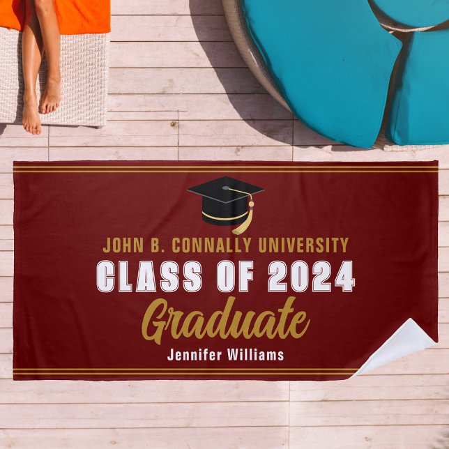 Maroon Gold Graduate Photo 2026 Graduation Party Beach Towel (Creator Uploaded)