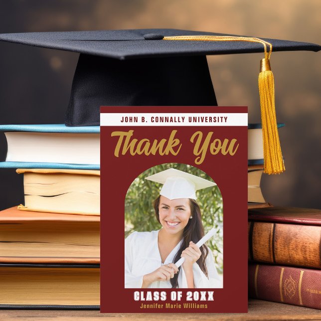 Maroon Gold Graduate Photo Arch 2025 Graduation Thank You Card (Creator Uploaded)