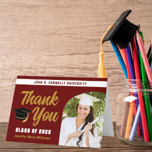 Maroon Gold Graduate Photo Chic Graduation Folded Thank You Card