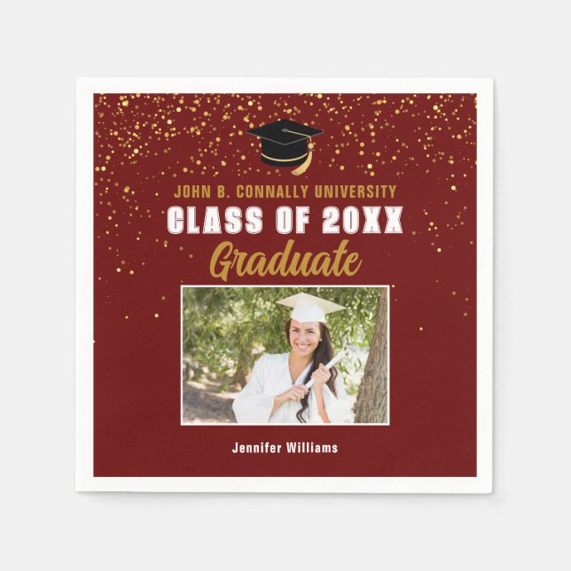 Maroon Gold Graduate Photo Chic Graduation Party Napkin (Front)