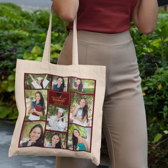 Maroon Gold Graduate Photo Collage Graduation Gift Tote Bag (Creator Uploaded)