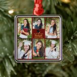 Maroon Gold Graduate Photo Collage Graduation Metal Tree Decoration<br><div class="desc">This modern maroon senior graduate photo collage Christmas ornament features your favourite 6 student photographs. This graduation keepsake gift features classy gold typography of your high school or college name for the class of 2025. Customise this square ornament with your graduating year below the black grad cap.</div>