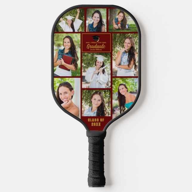 Maroon Gold Graduate Photo Collage Graduation Pickleball Paddle (Front)