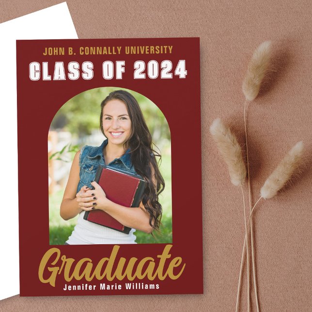 Maroon Gold Graduate Photo Modern Bold Graduation Announcement (Creator Uploaded)