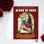 Maroon Gold Graduate Photo Modern Bold Graduation Postcard<br><div class="desc">This modern maroon and gold custom senior photo graduate announcement postcard features your high school or college name for the class of 2025. Customise with your name under the chic,  bold handwritten script and trendy arch for a great personalised graduation postcard.</div>