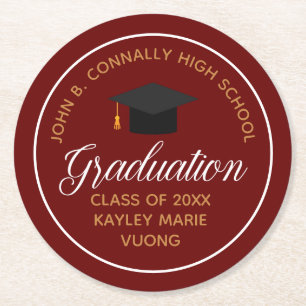 Maroon Gold Graduation Custom School Party Round Paper Coaster