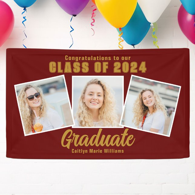 Maroon Gold Graduation Party Chic Photo Collage Banner (Creator Uploaded)