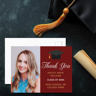Maroon Gold Graduation Photo Graduate Thank You Postcard
