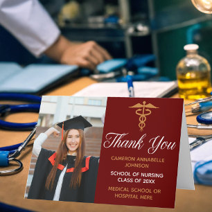 Maroon Gold Graduation Photo Medical School Thank You Card