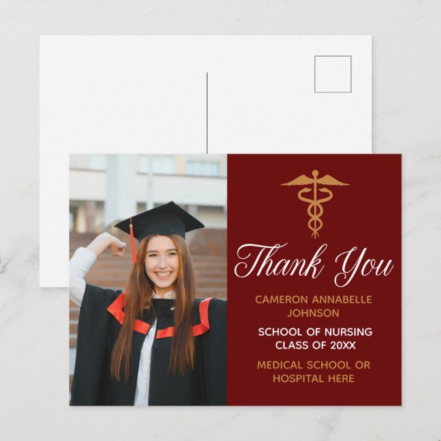 Maroon Gold Graduation Photo Medical Thank You Postcard (Front/Back)