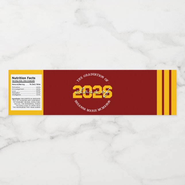 Maroon & Gold Graduation Water Bottle Labels (Single Label)