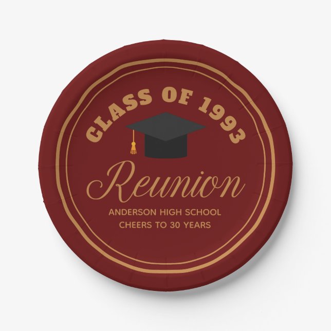 Maroon Gold High School Reunion Personalised Party Paper Plate (Front)