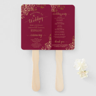 Maroon & Gold Lace Elegant Wedding Program Hand Fan