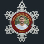 Maroon Gold Lacrosse Player Photo High School Snowflake Pewter Christmas Ornament<br><div class="desc">This cool customized high school lacrosse player photo gift features gold typography of your team and player name on a maroon snowflake Christmas ornament with a ball and rackets icon. Personalize with your athlete's photograph and class year as a proud sports parent.</div>