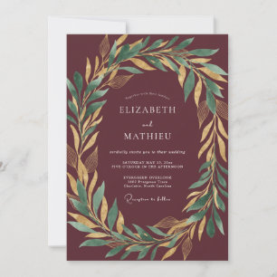 Maroon Gold Laurel Eucalyptus Wedding Invitation