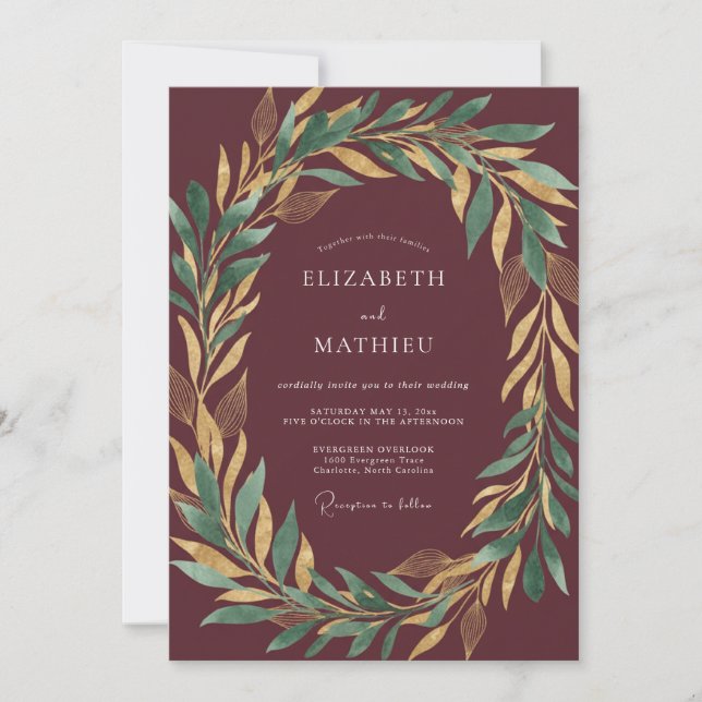 Maroon Gold Laurel Eucalyptus Wedding Invitation (Front)