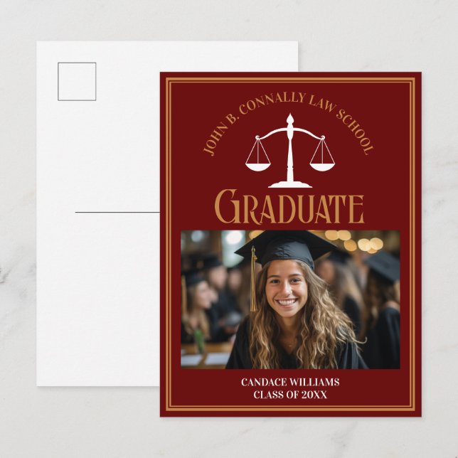 Maroon Gold Law School Graduation Photo Announcement Postcard (Front/Back)