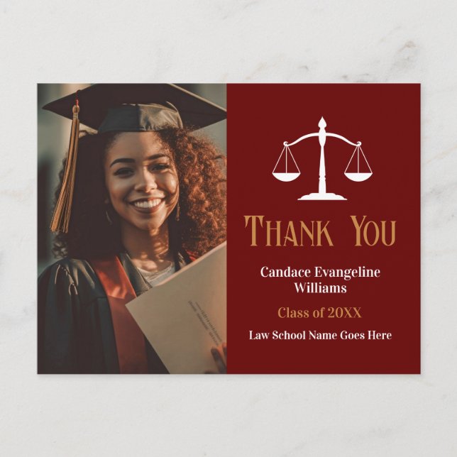 Maroon Gold Law School Graduation Photo Thank You Postcard (Front)