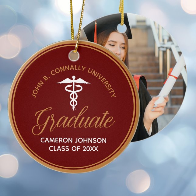 Maroon Gold Medical School Graduation Photo Ceramic Tree Decoration (Creator Uploaded)