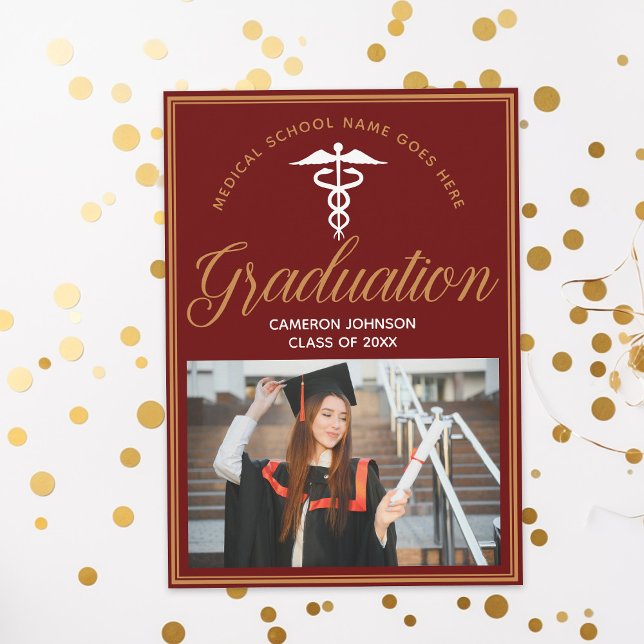 Maroon Gold Medical School Photo Graduation Party Invitation (Creator Uploaded)