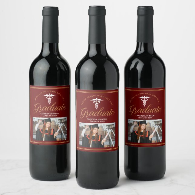 Maroon Gold Medical School Photo Graduation Party Wine Label (Bottles)