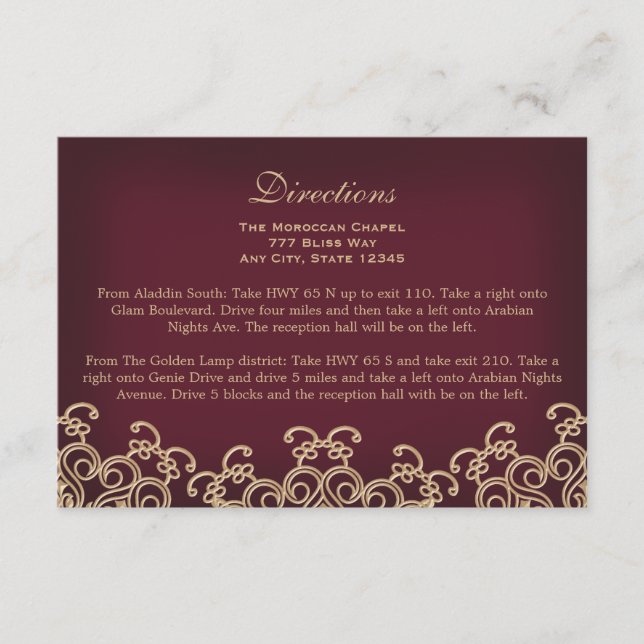 Maroon Gold Moroccan Directions Accommodation Enclosure Card (Front)
