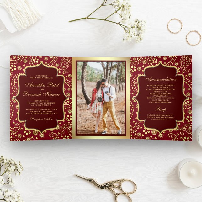 Maroon Gold Paisley Bollywood Style Indian Wedding Tri-Fold Invitation (Creator Uploaded)