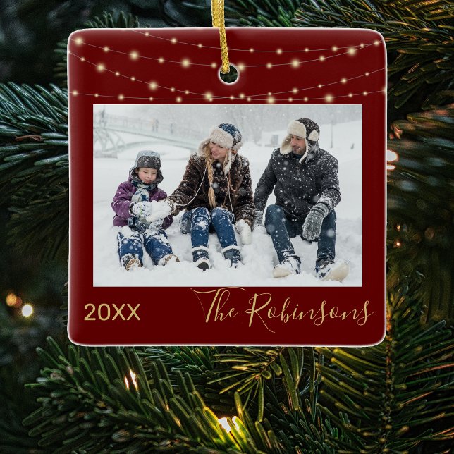 Maroon | Gold | Photo Christmas Tree Ceramic Ornament (Creator Uploaded)