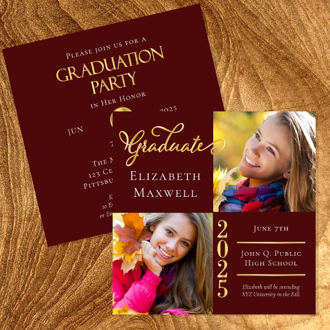 Maroon Gold Photo Graduation Announcement | Party (Elegant Maroon and Gold Tone Two Photo Collage Graduation Announcement and Party Invitation Combo)