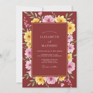 Maroon Gold Poppy Wedding Invitation