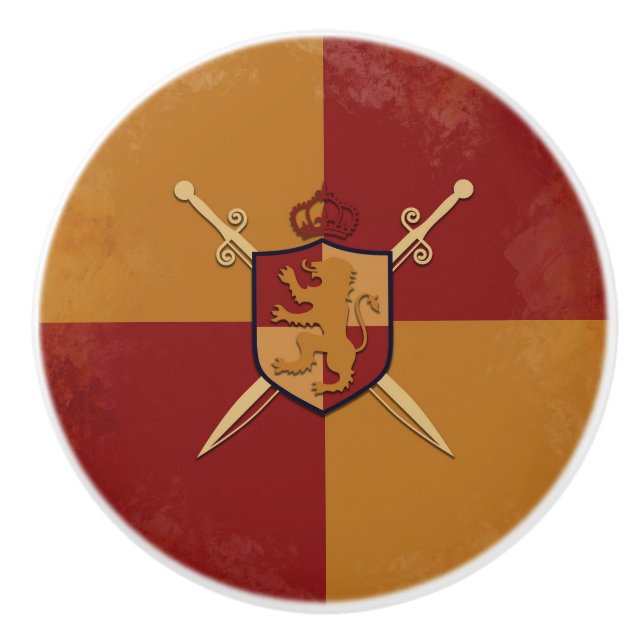 Maroon & Gold Royal Knight Griffin Shield Bedroom Ceramic Knob (Front)