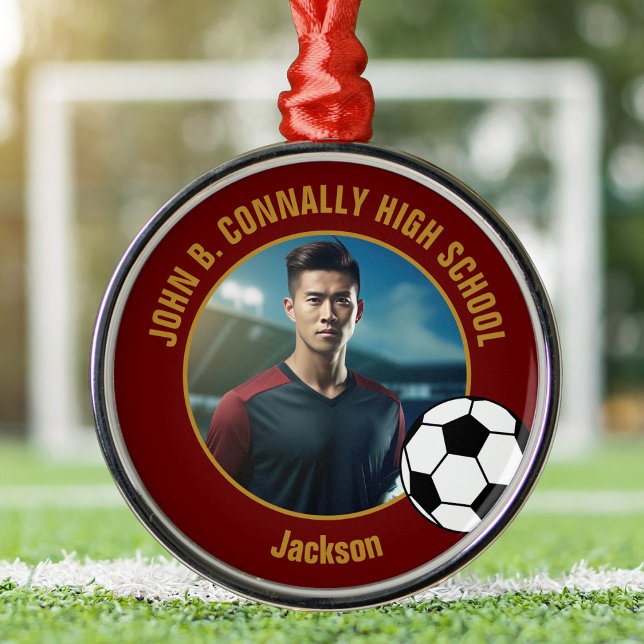 Maroon Gold Soccer Player Photo Christmas Metal Tree Decoration (Creator Uploaded)