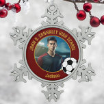 Maroon Gold Soccer Player Photo High School Snowflake Pewter Christmas Ornament<br><div class="desc">This cool customized high school soccer player photo gift features gold typography of your team and player name on a maroon Christmas ornament with a soccer ball. Personalize with your student's photograph and class year as a proud futbol parent for a commemorative keepsake.</div>