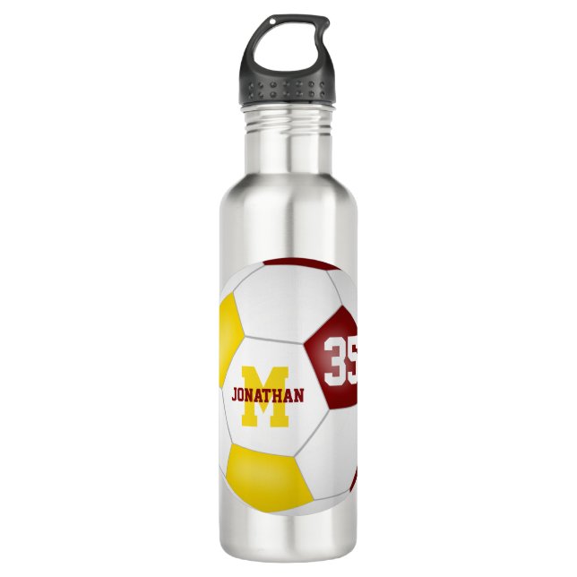 maroon gold soccer team colours boys girls 710 ml water bottle (Front)