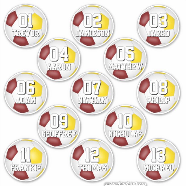 maroon gold team colors stickers 13 soccer players (Front)
