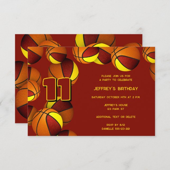 maroon gold team colours basketballs birthday invitation (Front/Back)