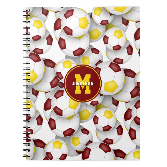maroon gold team colours soccer balls  notebook (Front)