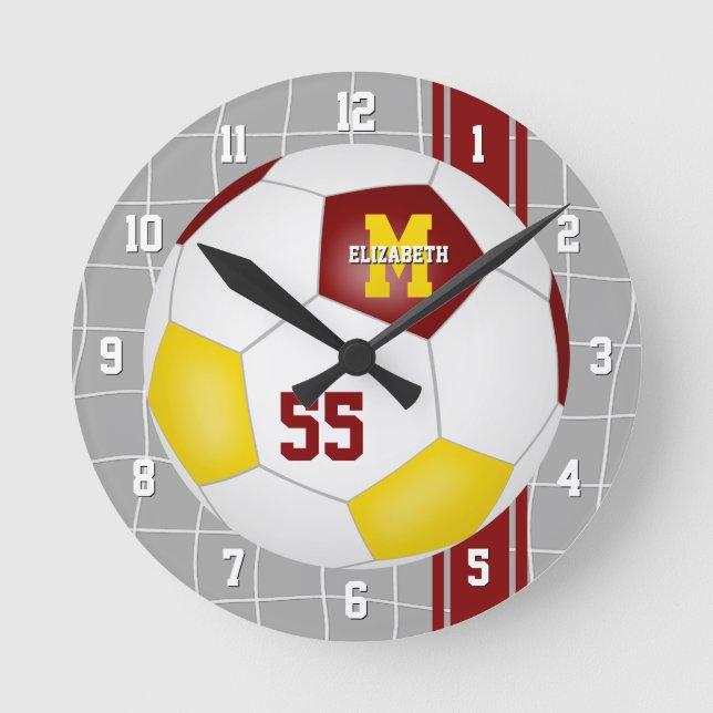 maroon gold team colours varsity stripes soccer round clock (Front)