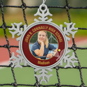 Maroon Gold Tennis Player Photo High School Snowflake Pewter Christmas Ornament