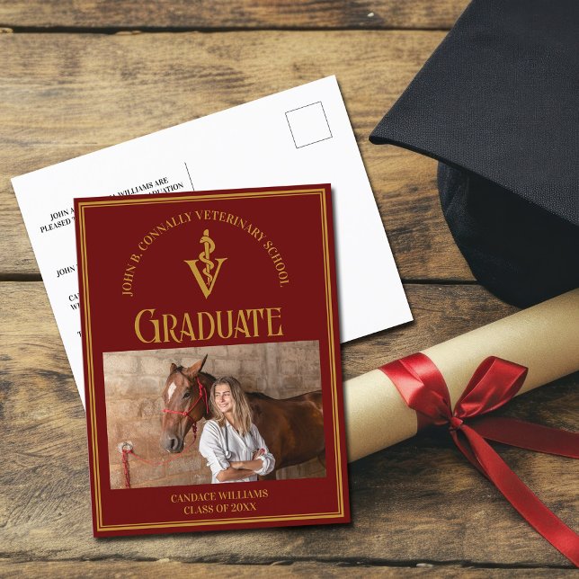 Maroon Gold Veterinary School Photo Graduation Announcement Postcard (Creator Uploaded)