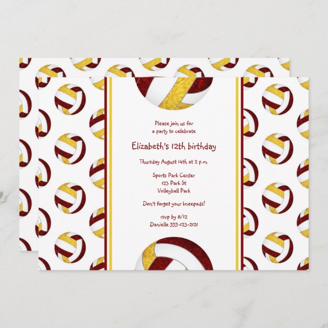 maroon gold volleyball team girls' birthday party invitation (Front/Back)